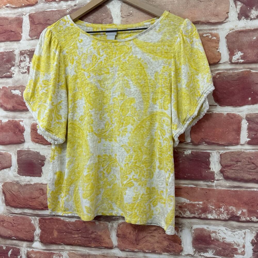 Chicos Top Shirt Womens Medium 1 Yellow White Boho Floral Fringe Petal Sleeves - Picture 3 of 8